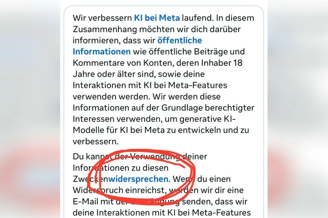 Screenshot einer Meta Benachrichtigung über die Nutzung von Daten für KI-Zwecke. Das Wort "widersprechen" ist hier rot umrandet.